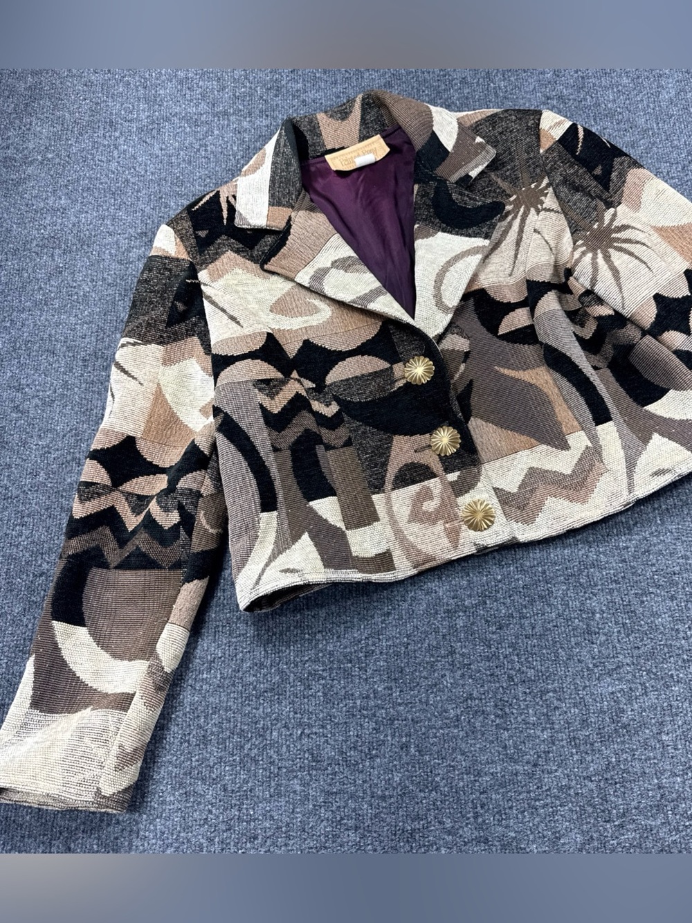 VTG-PAINTED PONY Jacket Women Sz L Abstract 3 Button Tapestry Cardigan